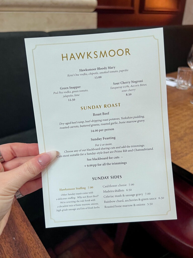 Sunday lunch menu from Hawksmoor