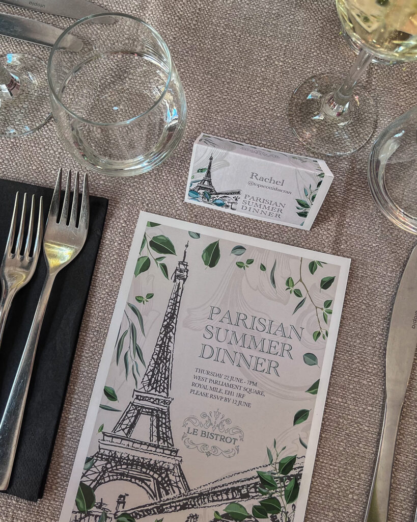Menu, cutlery and glass of water on linen table cloth