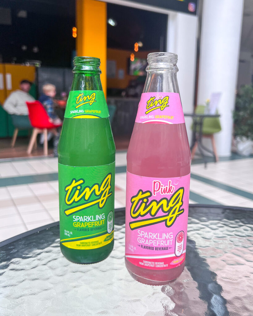 Green and pink ting soft drink from Brina's Jamaican Kitchen
