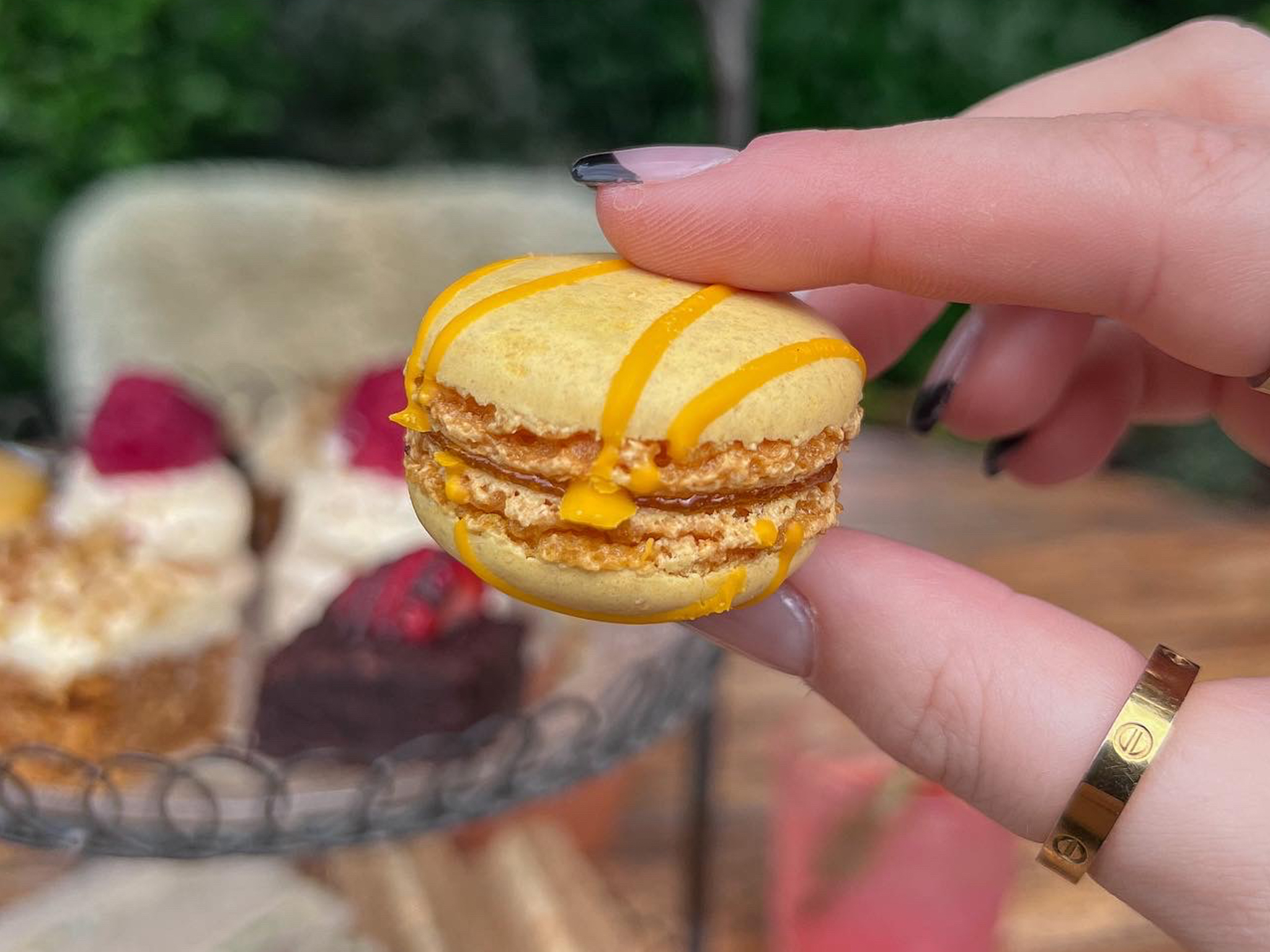 Yellow macaron with blurry background