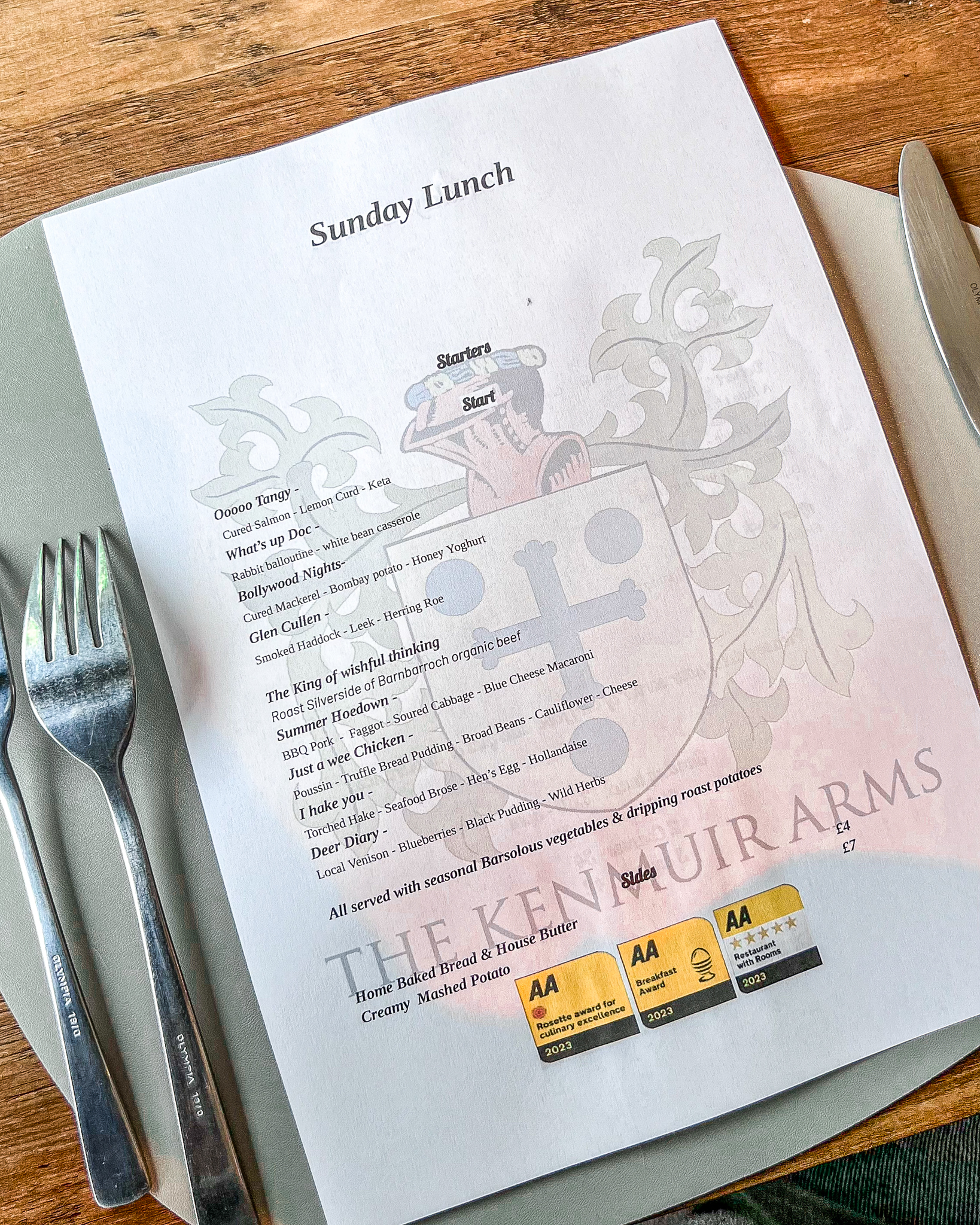 Menu from the Kenmuir Arms in New Luce.