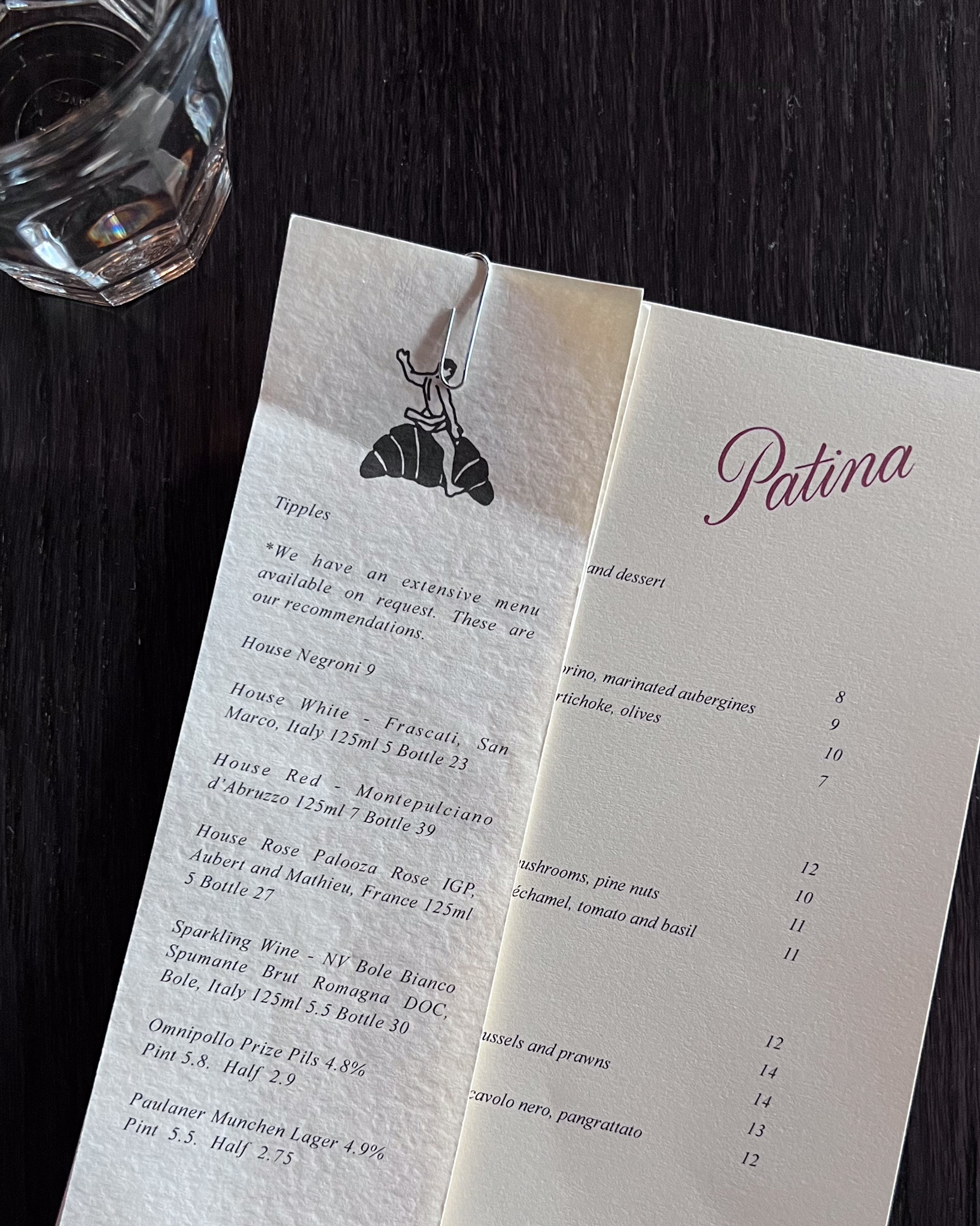 menu at Patina