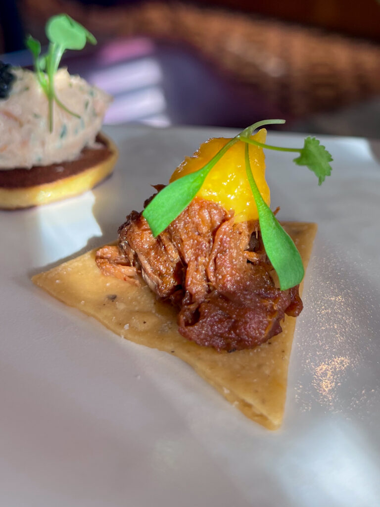 Beef brisket on tortilla chip shapes pastry