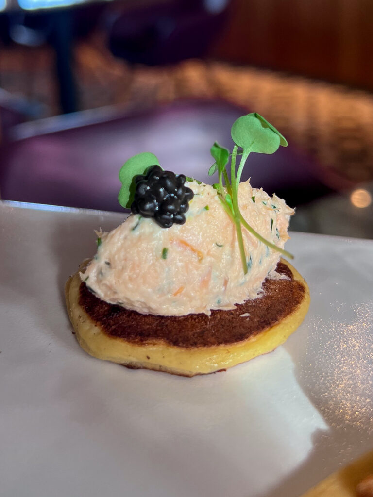 Caviar, crab and hot potato pancake