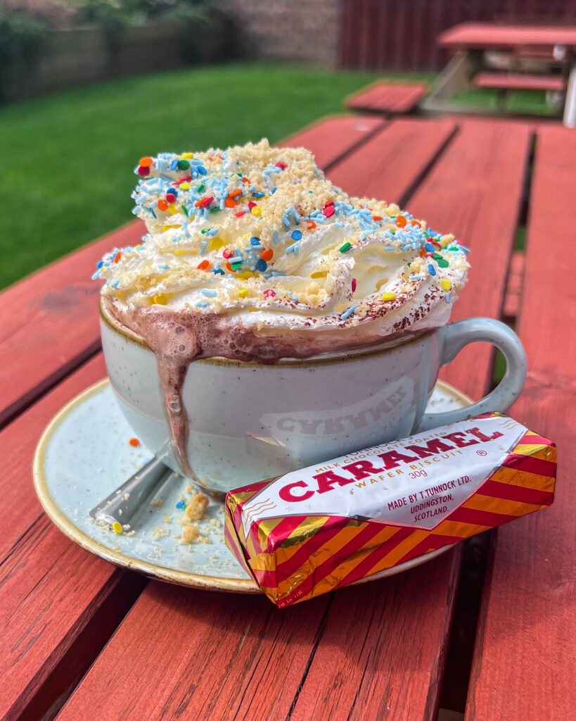Mug of hot chocolate topped with whipped cream, colourful sprinkles and a caramel wafer biscuit on the side