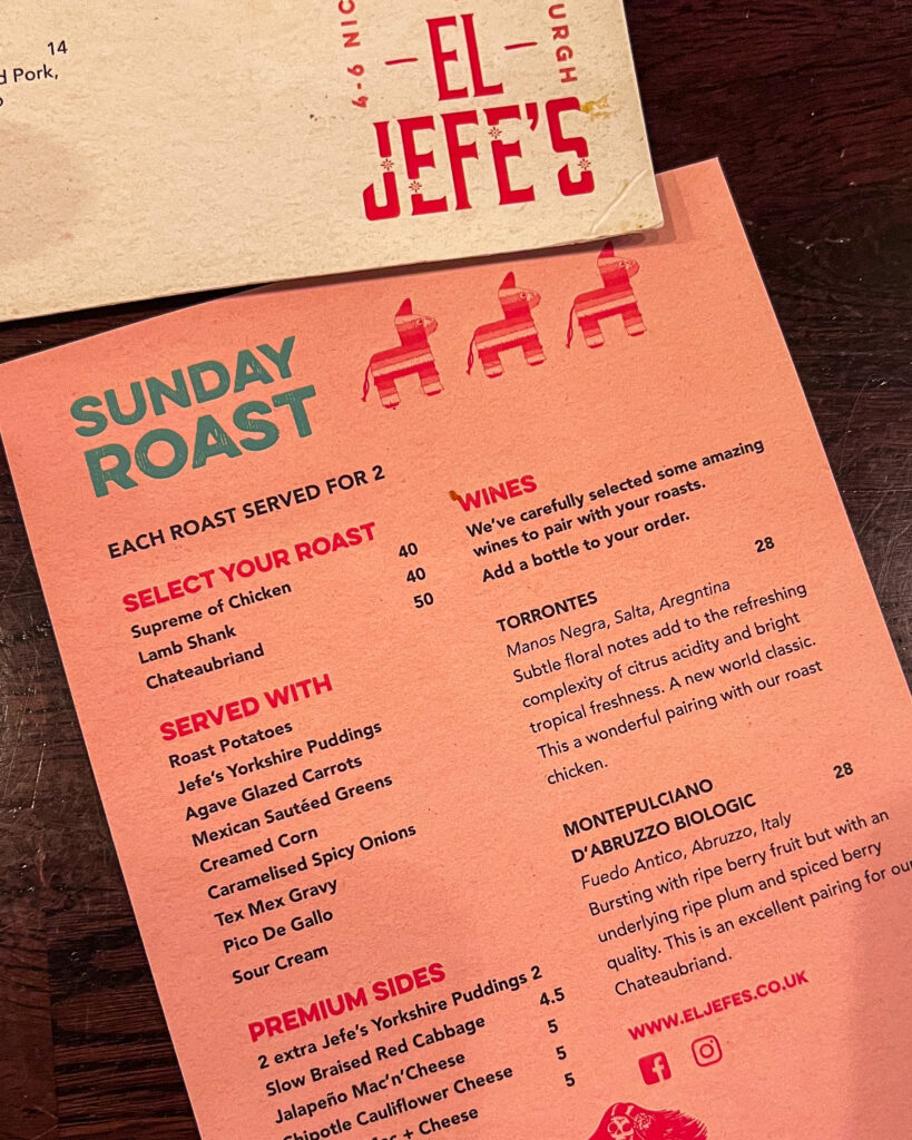 Pink menu with El Jefe's Sunday lunch options