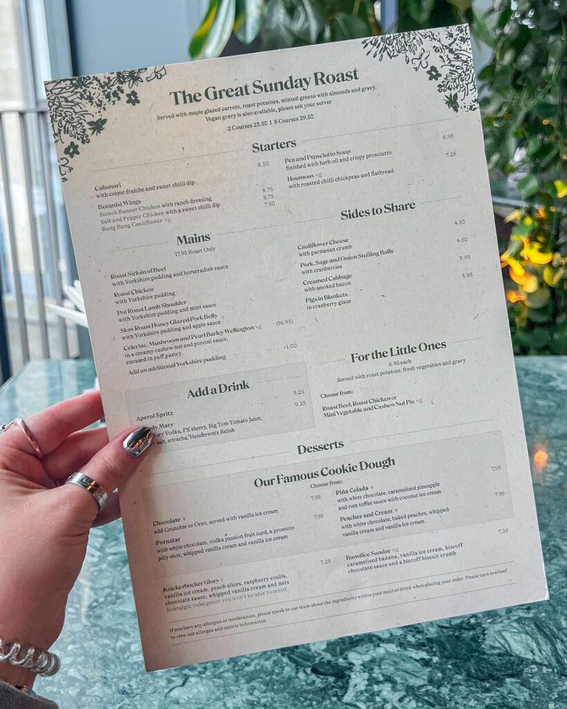 "The Greta Sunday Roast" menu from The Botanist