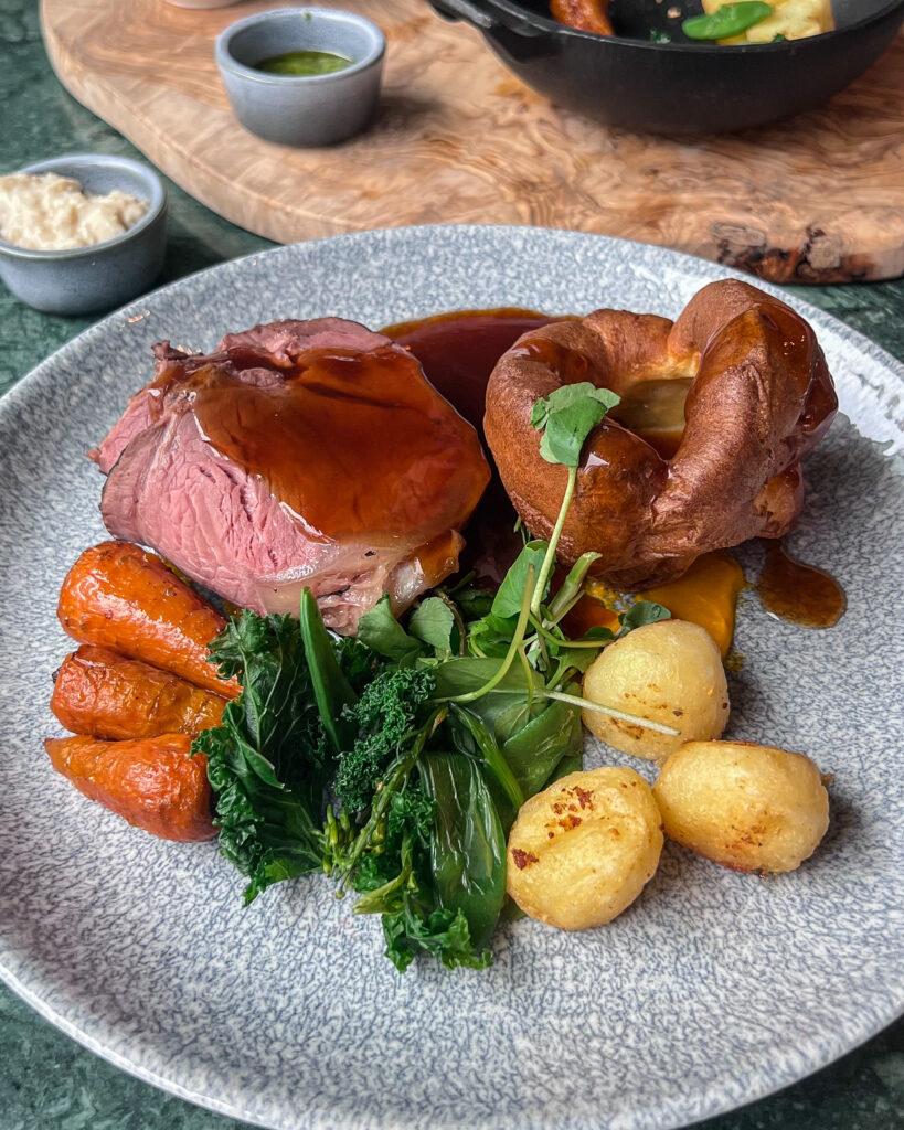 Roast beef dinner from The Botanist with vegetables